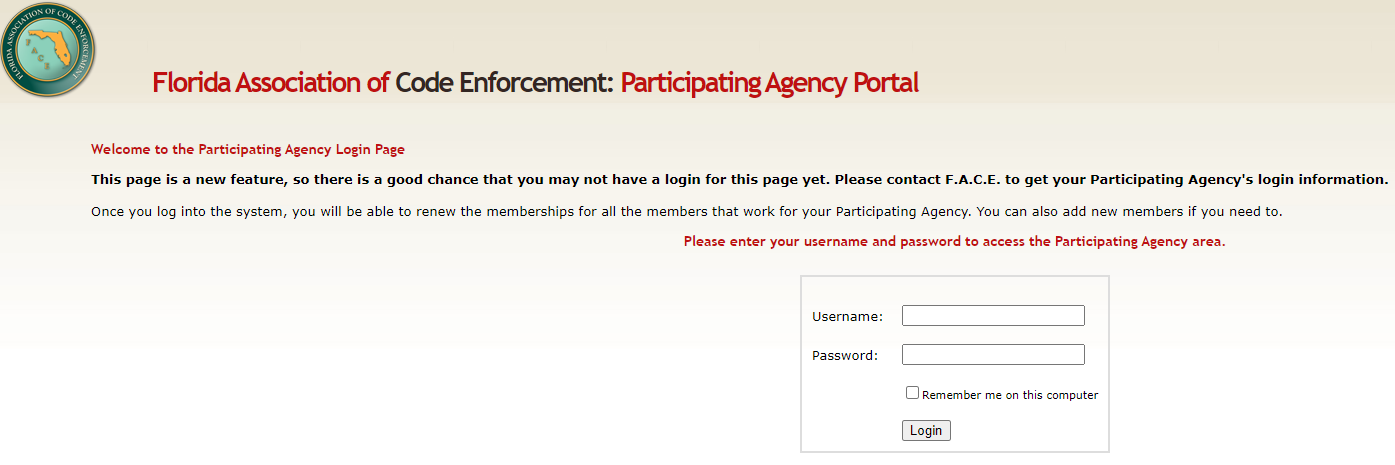 Screenshot of the face-online.org agency portal
